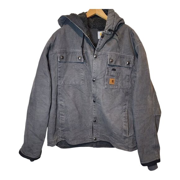 Vintage Carhartt Jacket Sherpa Lined Snap Up Hooded J284-GVL Gravel Mens Large - Picture 1 of 11